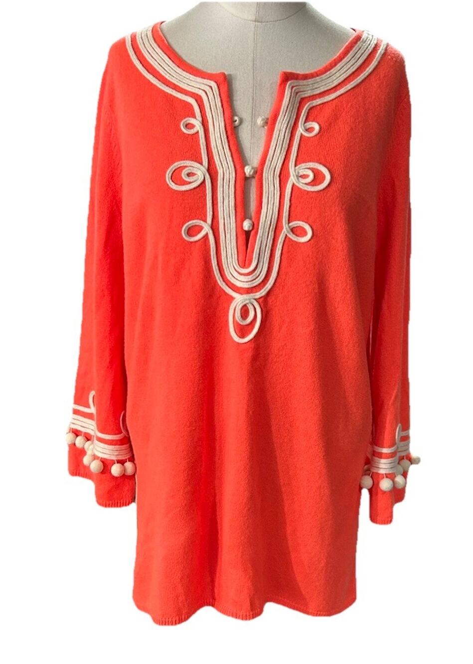 Calypso St Barth 100% Cashmere Sweater Women's Medium Orange Pom Pom Trim